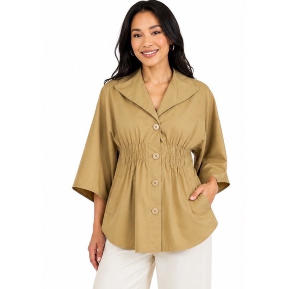 New York & Co Tan Khaki Cinched Waist Button Front Cape Jacket M Preppy 63-16